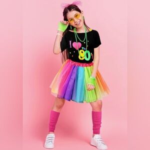Kids 80s Costume Set Rainbow Tutu “I Love the 80’s” Shirt Neon Accessories